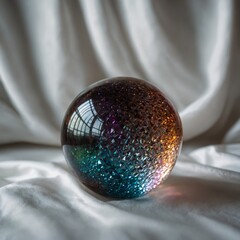 Obraz premium A sparkling crystal ball glowing with iridescent colors on a white silk cloth.