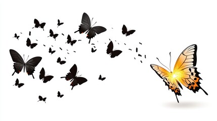 Orange and Black Butterflies in Flight on White Background