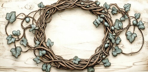 Rustic vine wreath with teal leaves on wooden background. 