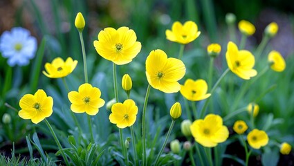 Fototapeta premium Vibrant yellow buttercups blooming in lush garden