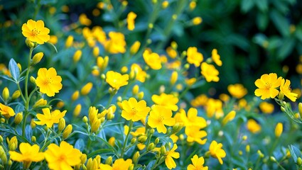 Fototapeta premium Vibrant yellow flowers blooming against lush greenery