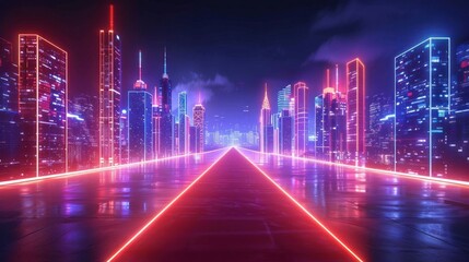 Fototapeta premium Futuristic cityscape at night with neon lights illuminating a straight pathway leading to skyscrapers