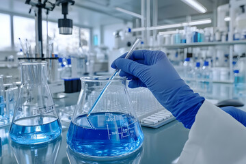 Scientist adds reagent to flask for experiment in laboratory with equipment carefully.