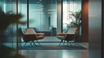 a modern smoking area in the corner of an office building, featuring sleek glass walls, comfortable seating and a clean environment,