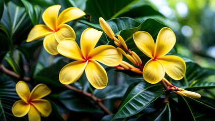 Obraz premium Vibrant yellow plumeria flowers against lush green leaves
