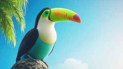 Naklejka premium Vibrant Toucan Perched on Rock Against Tropical Background