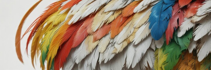Obraz premium Parrot's feathers and beak on a white surface with a subtle natural texture , closeup, colorful