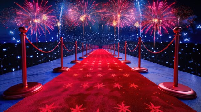 Red carpet leading to a festive celebration with colorful fireworks lighting up the night sky