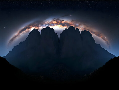 Majestic Mountains Rise Under a Starry Night Sky with a Colorful Nebula