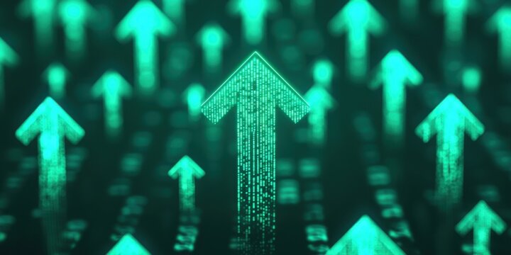 Abstract digital green arrows rising business growth concept virtual environment dynamic viewpoint technology symbolism