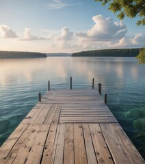 Obraz premium Peaceful scene of wooden dock on the beautiful Torch Lake, relaxation, summer, getaway