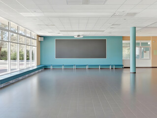 Empty Modern Room Shows Off Large Blank Screen and Teal Benches with Large Windows Providing Natural Light.