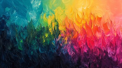 Fototapeta premium A painting of a rainbow with many colors. The colors are red, orange, yellow, green, blue, and purple
