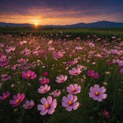 Fototapeta premium A field of cosmos flowers glowing under the twilight sky.