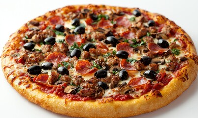 Meat Lovers Pizza with Olives on White Background for Menu