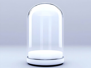 Empty Glass Dome Display Case with White Base and Illumination Brightly Shines in a Soft Light