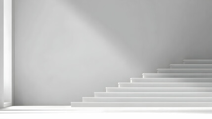 Fototapeta premium White staircase rises elegantly in a minimalist white room illuminated by natural light.
