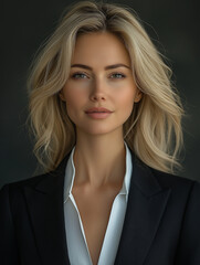 Professionelles Business-Portrait einer Person mit blonden Haaren und nat&uuml;rlichem L&auml;cheln. Schwarzer Blazer, wei&szlig;e Bluse. Moderne Corporate-Aufnahme mit Tiefe