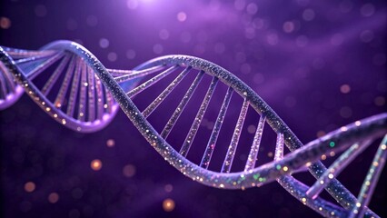 Glowing DNA Helix Structure with Shimmering Particles on a Purple Background