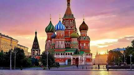 Fototapeta premium Majestic Cathedral Stands Tall at Sunset with Colorful Domes and Ornate Architecture Beautifully.