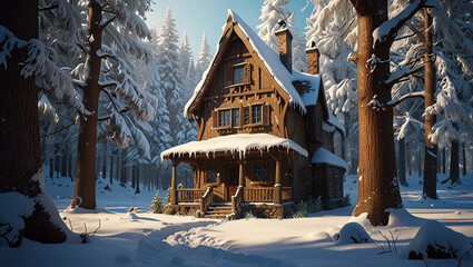 illustration A enchanting snowy fantasy house situated on a sunny day