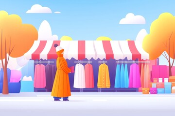 A colorful outdoor market scene featuring a person in an orange coat, browsing a variety of vibrant clothing items under a striped tent.