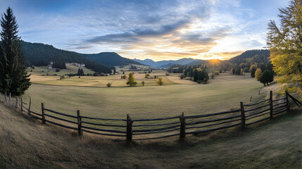 Obraz premium Sunrise illuminates a picturesque valley, fields, and mountains with fall foliage and a wooden fence.