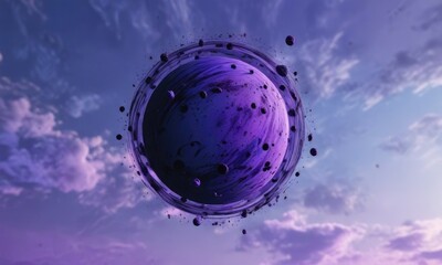 Purple circle with purple streaks and black dots against a bright blue sky, , streaks