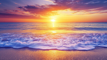 Fototapeta premium Beautiful Ocean Sunset Beach Waves Summer Golden Hour Peaceful Tropical Paradise Sea Sky Sand Calm 