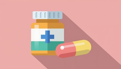 Medicine Bottle Shadow Illustration with Colorful Label and Pill