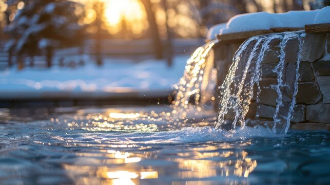 Serene winter scene featuring a cascading water feature beside a snowy landscape at sunset