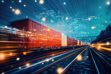 Fototapeta premium High-Speed Freight Train with Digital Overlay Representing Global Logistics and Smart Technology