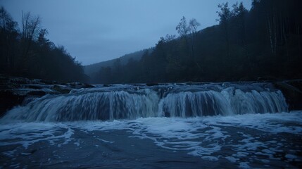 Fototapeta premium Serene twilight over a tranquil river with gentle waterfalls and misty mountains in the background