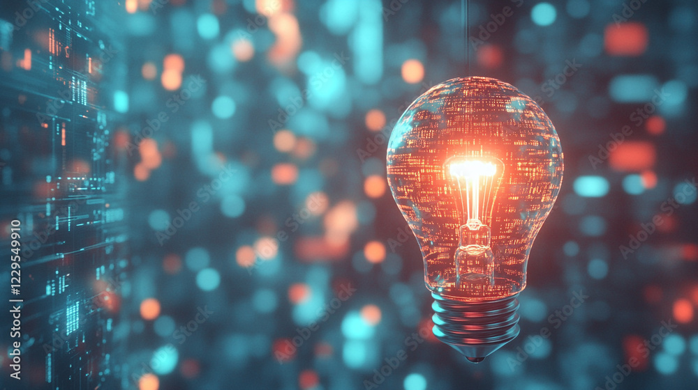 Wall mural digital innovation glowing lightbulb idea technology concept abstract background data code future