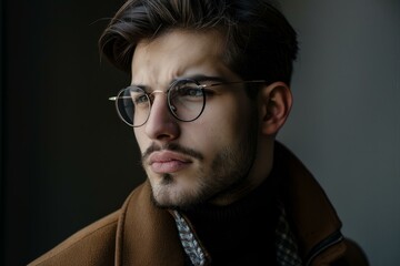 Obraz premium Portrait of a thoughtful young man wearing round eyeglasses and a brown jacket, looking away from the camera