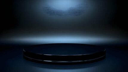 3D Rendered Black Podium on Dark Blue Background With Subtle Light Effect Background for Product Presentation