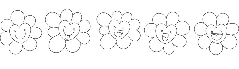 Set of hearts flowers characters in doodle groovy style. Element for stickers icons decoration postcards poster print background backdrop wrapping wallpaper banner