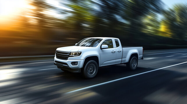 Modern white pickup truck car driving fast on highway 