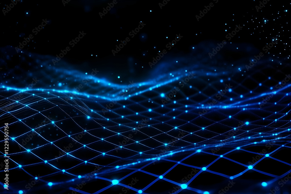 Wall mural abstract blue glowing grid network waves dynamically in a dark digital space