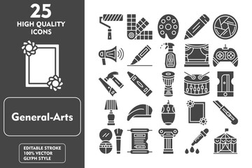 General arts glyph editable icon set. Containing paint roller, paint swatch, palette, pencil, shutter, speaker, marker, spray, stage, gamepad and more. Vector illustration icons