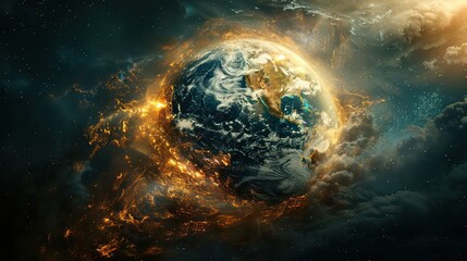 Stunning depiction of Earth surrounded by cosmic elements, highlighting vibrant colors and textures
