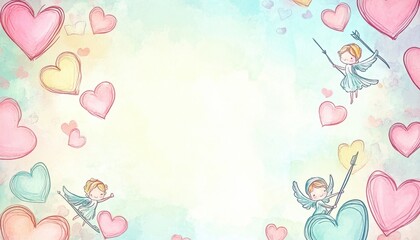 Watercolor illustration of children playing among pastel hearts, romantic background for design