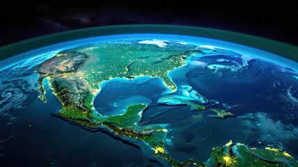 Aerial view of North America at night showcasing city lights and natural landscapes