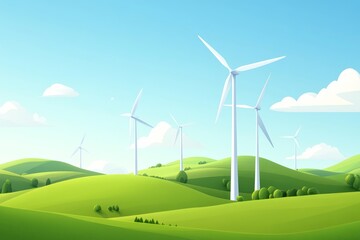 A serene landscape featuring green hills dotted with wind turbines under a clear blue sky, symbolizing renewable energy and sustainability.