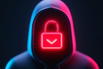 A mysterious figure in a hooded sweatshirt features a glowing padlock symbol, highlighting themes of security and anonymity in a digital environment.