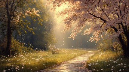 Obraz premium spring tranquility, cherry branches in bloom, bathed in sunlight, awaken the dewy grass with a gentle spring breezea serene call to nature
