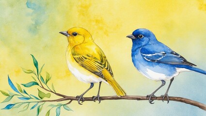 Obraz premium Watercolor Painting of Yellow and Blue Birds Sitting on a Branch with Bright Background