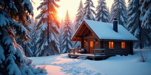 Fototapeta premium The windows of a cozy cabin in the winter forest sparkle like diamonds in the sunlight, winter, snow-covered roof, cabin