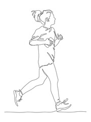 Young woman running or jogging. Holding mobile phone. Continuous line drawing. Black and white vector illustration in line art style.