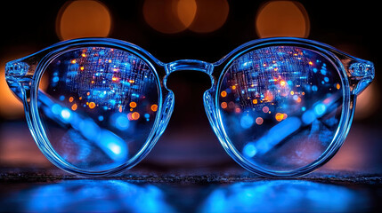 Stylish Eyeglasses Reflecting Vibrant City Lights at Night Showcasing Artistic Contrast and Clarity in a Visually Striking Composition